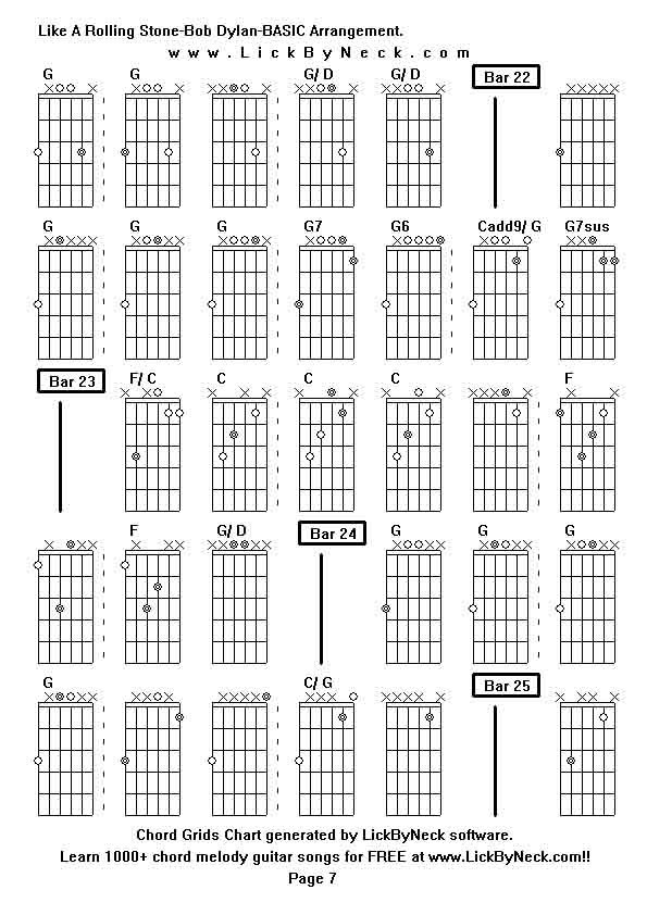 Chord Grids Chart of chord melody fingerstyle guitar song-Like A Rolling Stone-Bob Dylan-BASIC Arrangement,generated by LickByNeck software.